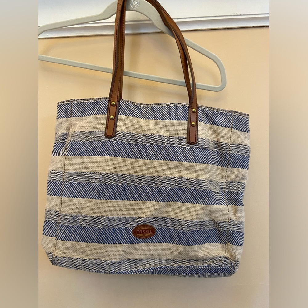 Fossil Blue and White Striped Tote Bag
